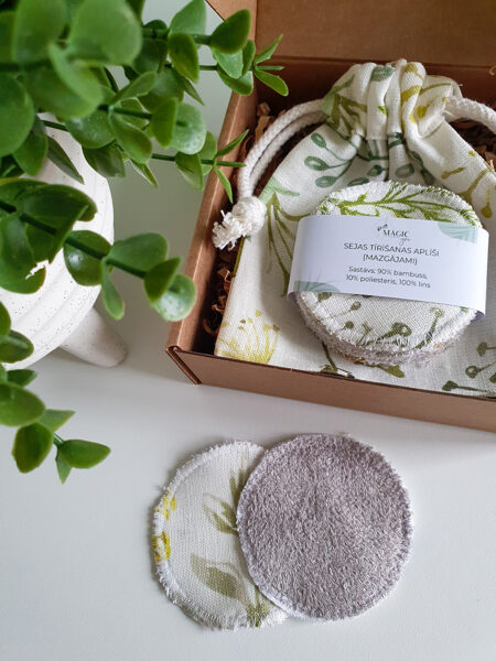 Facial cleansing pads, washable + linen bag (meadow flower motif)